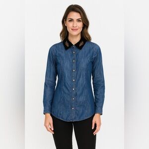 Soft surrounding Chambray velvet collar beaded embellished denim button down